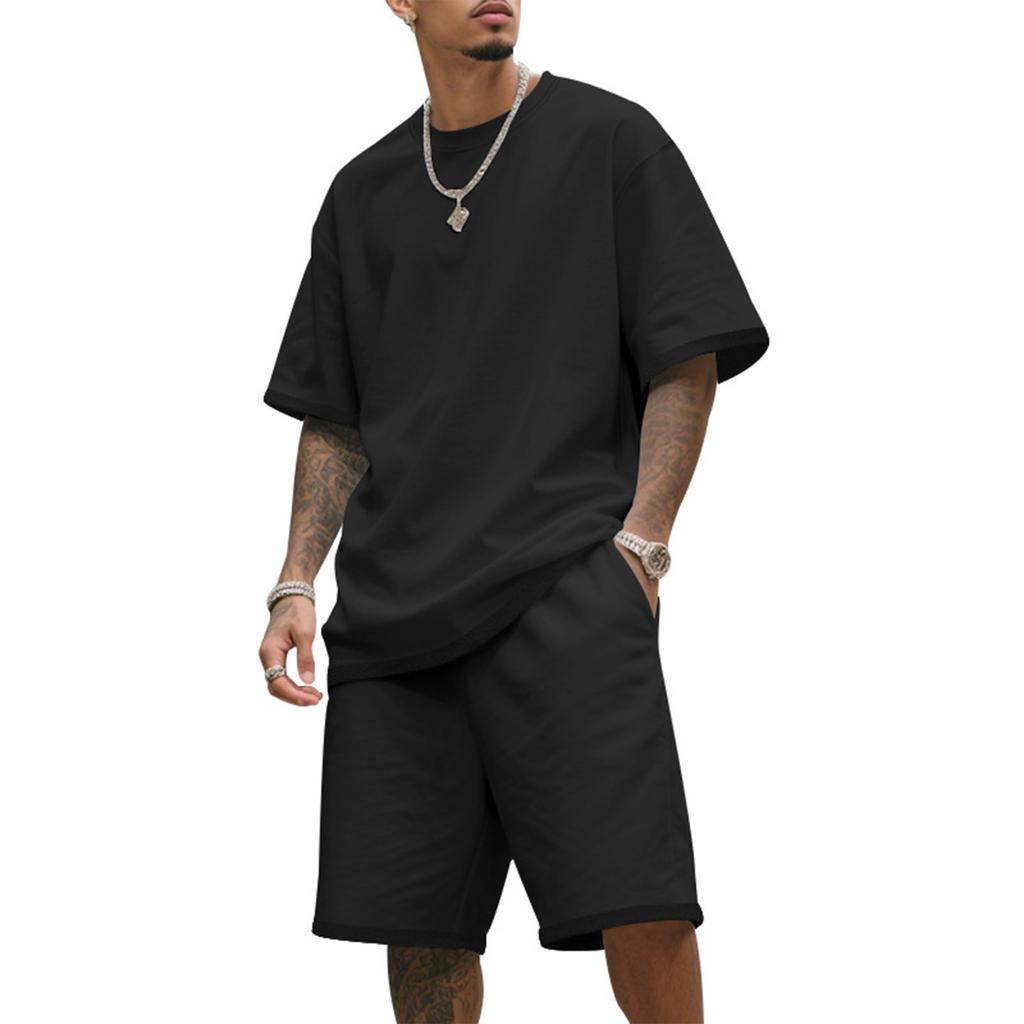 Men'S Color Casual Round Neck Short Sleeved Shorts Two-Piece Set