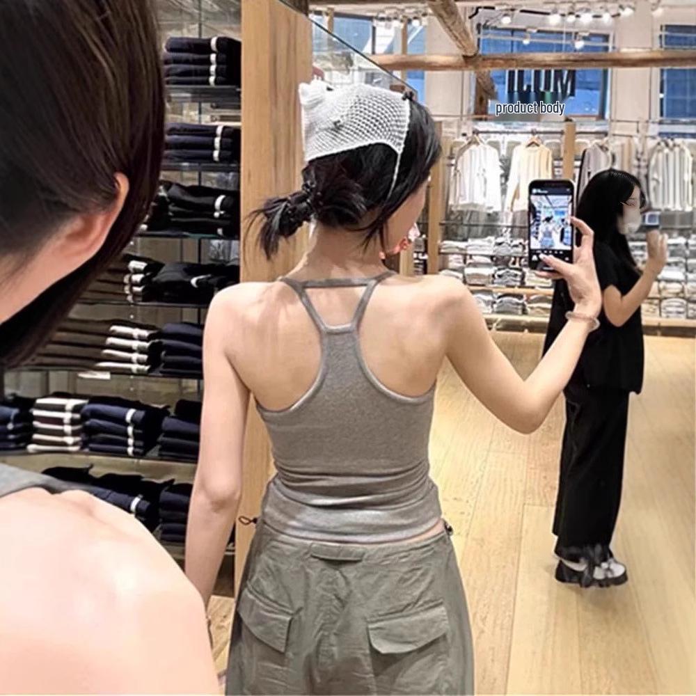 Women's Summer Hot Girl Pure Style I-Back Tank Top with Chest Pad, Solid Color, Versatile Sports Design