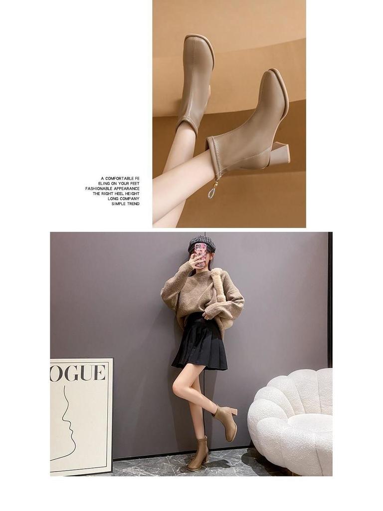 Women's Soft Leather Chunky Heel Square Toe Ankle Boots with Velvet, Autumn-Winter Versatile Slimming Style.