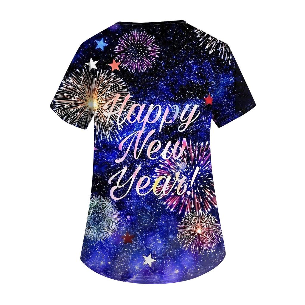 Women's Fashion Printed Short Sleeve V Neck Pattern Tops Pocket Working T-shirts