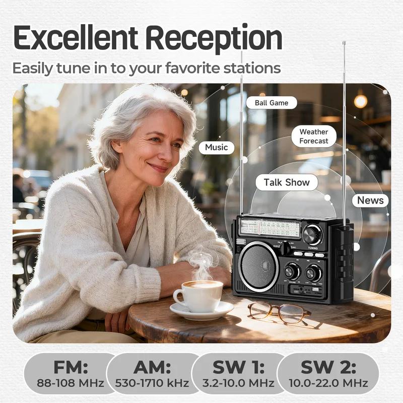 AM FM SW Radio Dual-Antenne Tragbarer Empfang,Solar 1800mAh wiederaufladbare Batterie Bluethooth Musikplayer für Outdoor