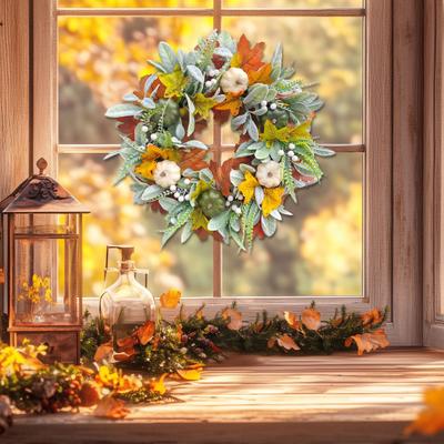 Simulated Wreath Autumn Maple Leaf Pumpkin Pine Cone Berry Wreath Realistic Simulated Fall Harvest Thanksgiving Door Decor