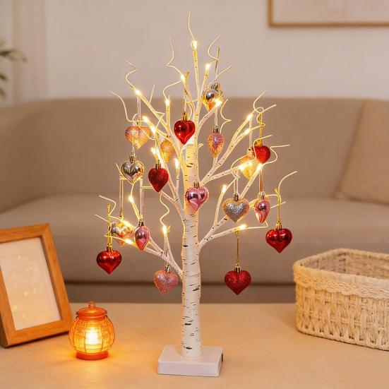 25" Valentine's Day LED Lighted Birch Tree 24 LEDs Artificial Tree Light with Heart Ornaments Romantic Tabletop Decoration for Home Indoor Table Decor