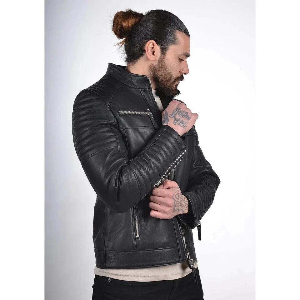 Genuine New Lambskin Motorcycle Biker Soft Men Jacket Black Stylish Leather Handmade