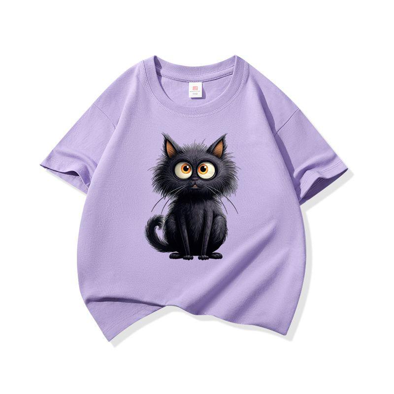Cute Black Cat Graphic Tee Kids 100 Cotton Crew Neck Casual Breathable T Shirt Short Sleeve Muticolor Tops For Sweet Girls Boys