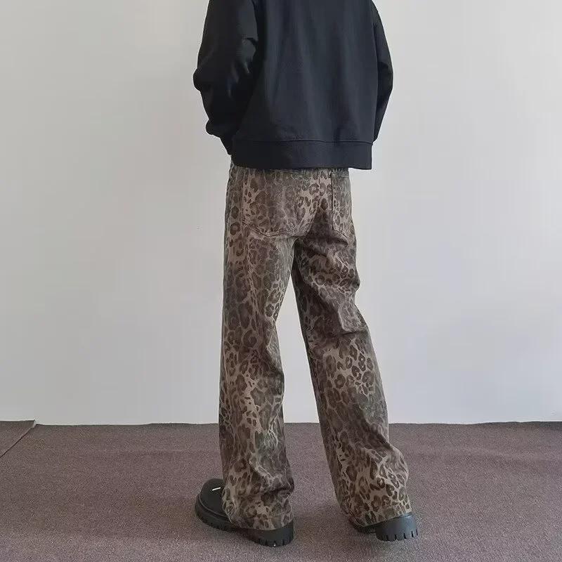 2024 Men's American Style Leopard Print Wide-Leg Casual Mopping Pants