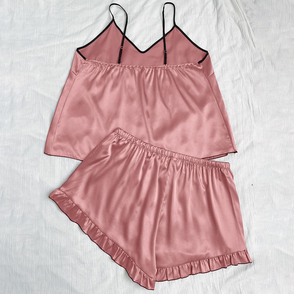 Women's Faux Silk Plus Size V Neck Strapless Tank Top With Sleeveless Shorts Ice Silk Homewear Pajama Set