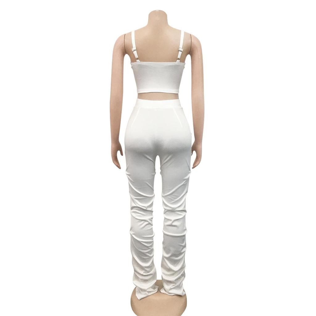X5215 Women's Solid Color Sexy Camisole Bustier Zipper Vest and Long Pants Two-Piece Set