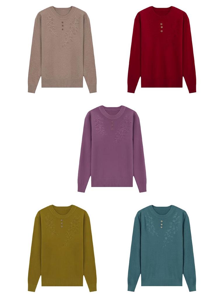 Women's Loose-Fit Knitted Sweater for Middle-Aged & Elderly: Free Size, Long-Sleeved T-Shirt, Spring/Autumn.