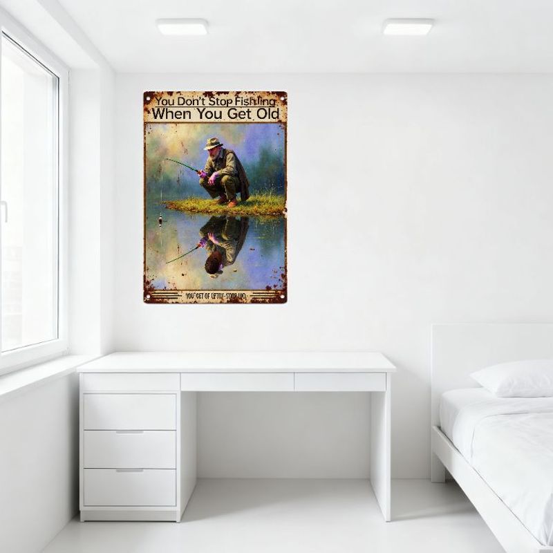 Vintage Fishing Metal Tin Sign 'You Don’t Stop Fishing When You Get Old' Rustic Wall Decor for Man Cave Fisherman Home Office Ar