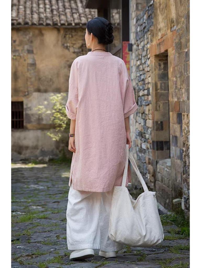 Vintage-Inspired Cotton Linen Qipao: Frog Button Women's Long Shirt