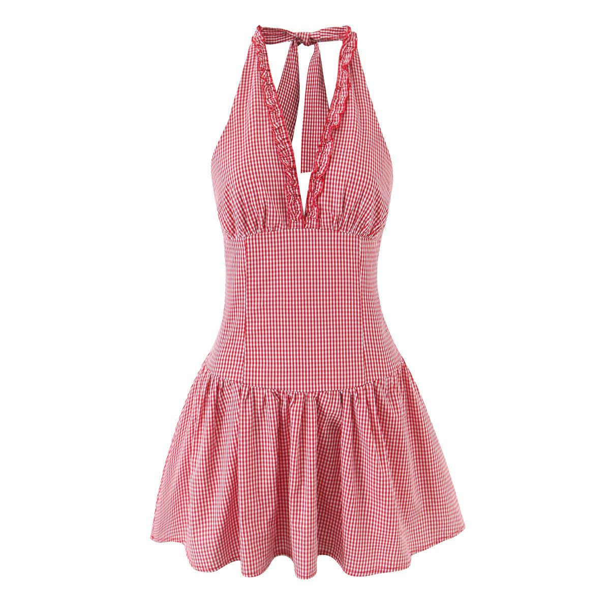 

2026 Sweet Plaid Yarn-Dyed Halter V-Neck Mini Dress with Sexy Open Back Small