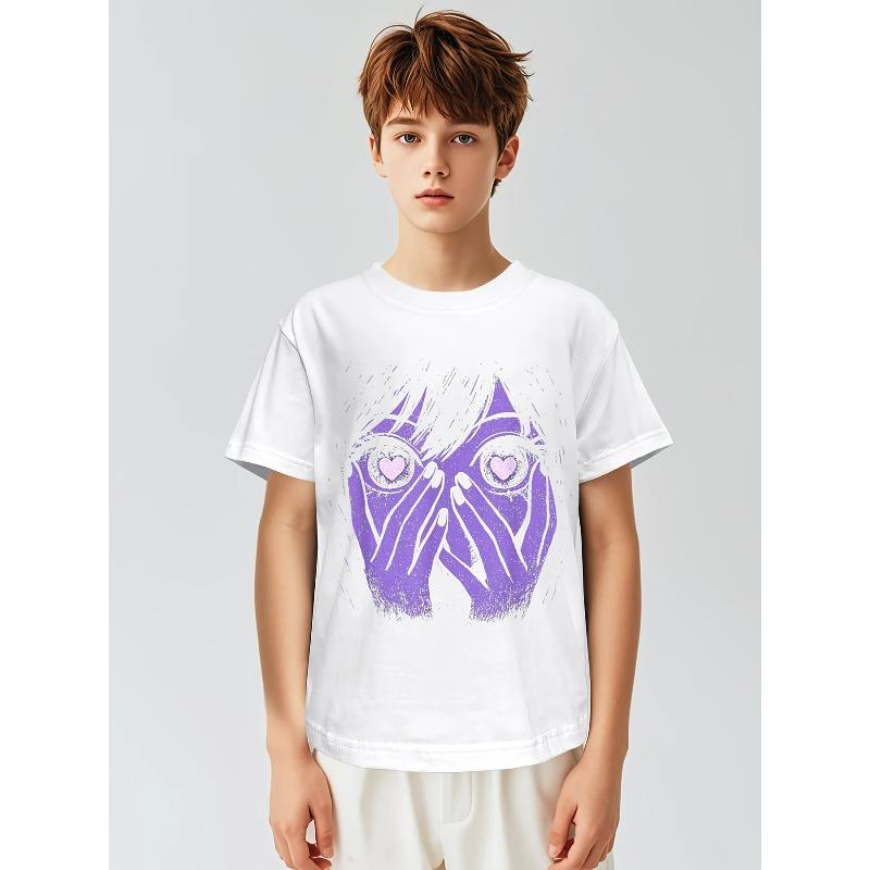 European sizes Soft Breathable Anime Eyes Girl Hearts Manga Otaku Grunge Alt Goth Aesthetic T-Shirt for Kids | Boys & Girls Graphic Tee