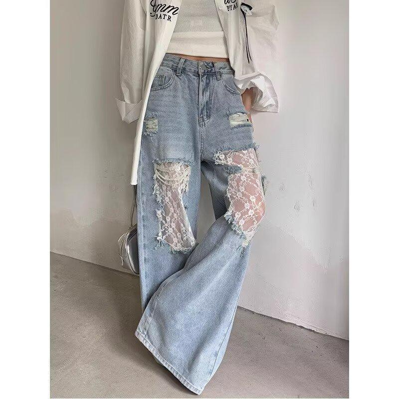 Women's Retro Patchwork Ripped Jeans - Spring/Summer 2025 Wide-Leg Style