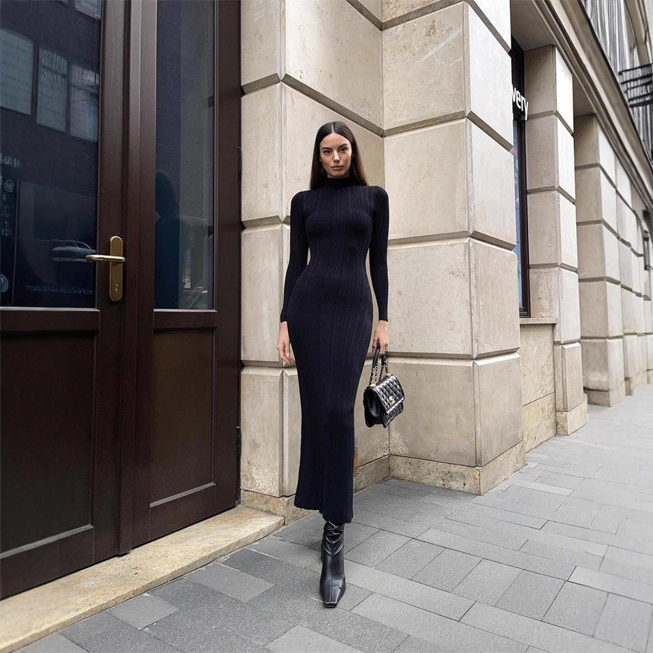 Damen Turtleneck Bodycon Kleid für Herbst und Winter, Französischer Stil Strick-Midikleid mit langen Ärmeln, Elegante schmal geschnittene Strickware für den Abend