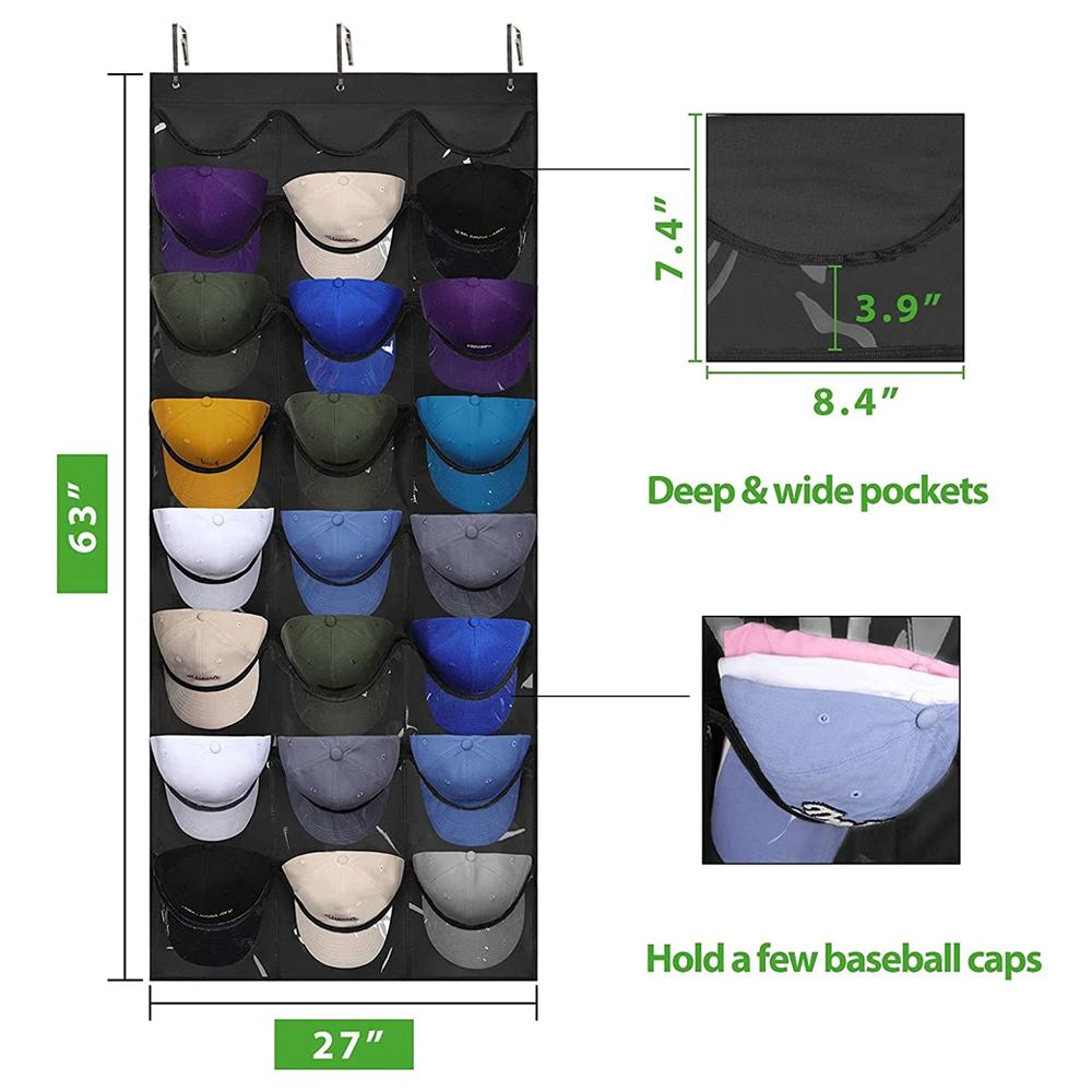 T1 Baseball Hat Rack for Wall Door, Visible Hat Holder with 3 Hooks and 24 Deep Pockets, 1 Piece