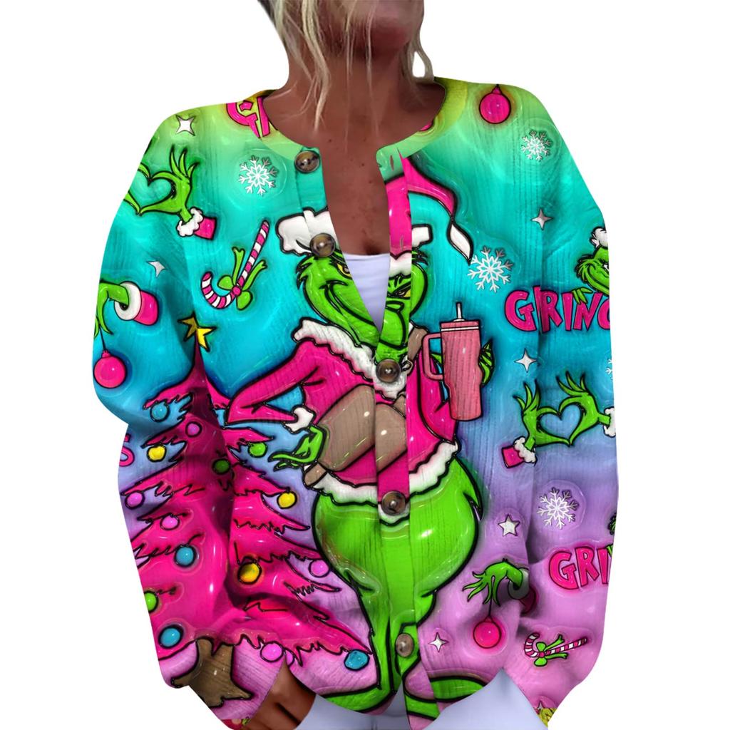 Women's Fashion Christmas Printed Long Sleeve Knitted Cardigan Button Down Jacket