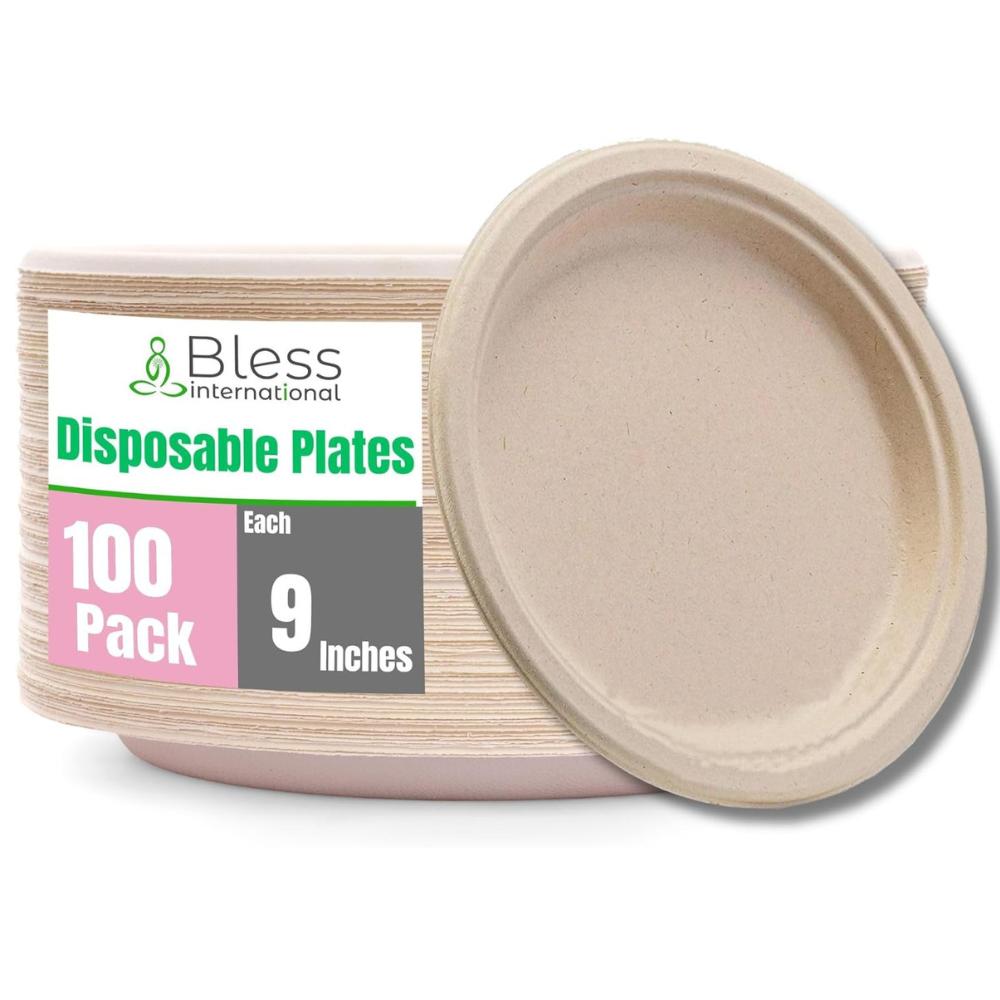 

Bless International Biodegradable-Paper-Plates Sustainable-Disposable-Compostable-Heavy-Duty Perfect-For-Lunch-Dinner 100 Pack