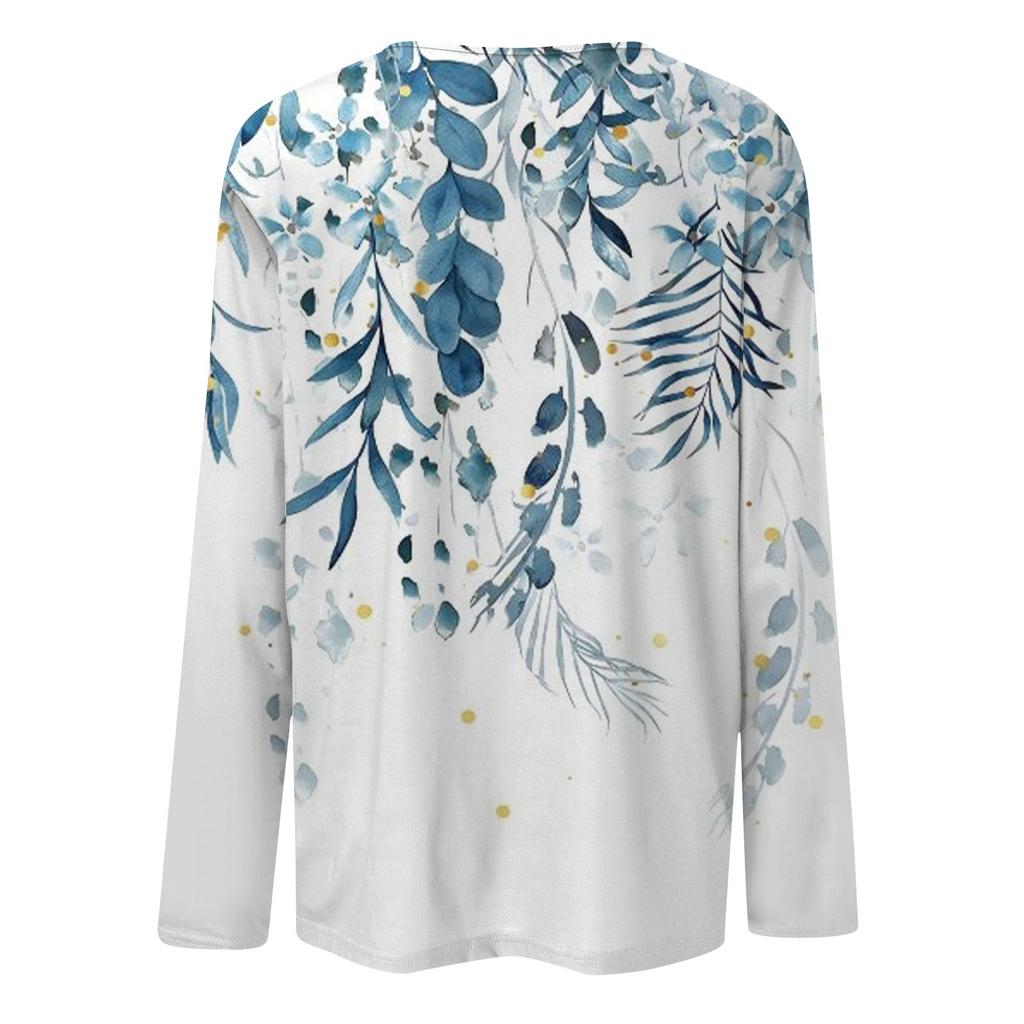 Damen Neues T-Shirt mit Knopfkragen, modischer Druck, lange Ärmel, Retro-Druck, schmales Oberteil, lässige Oberteile