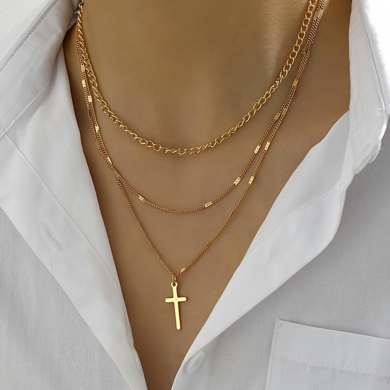 Women Fashion Versatile Cross Pendant Gold Chain Sweater Necklace