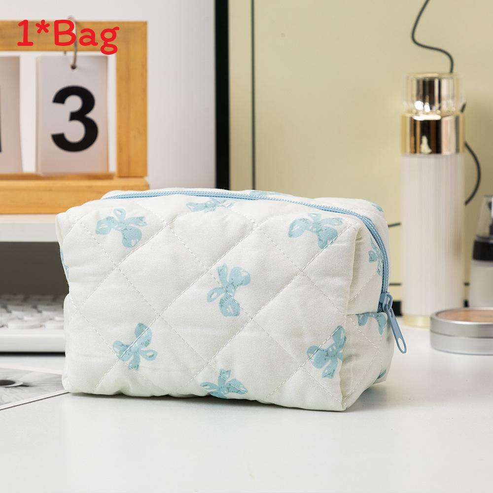 Korean Style Cotton Polyester Checkered Bow Makeup Bag With Zipper For Daily Use