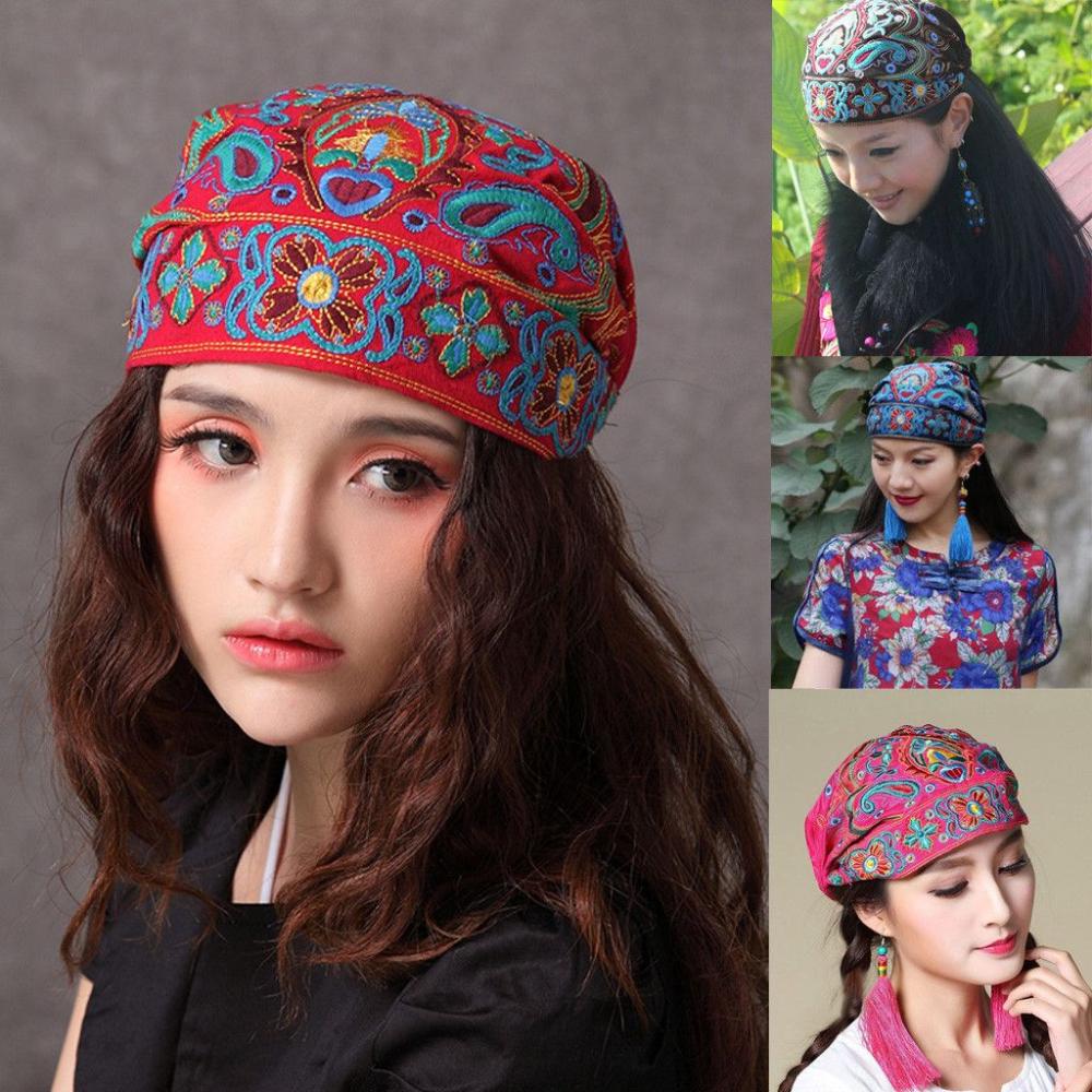 Ethnic Turban Hats Embroidery Headscarf Fashion Hair Cover Cap  for Women