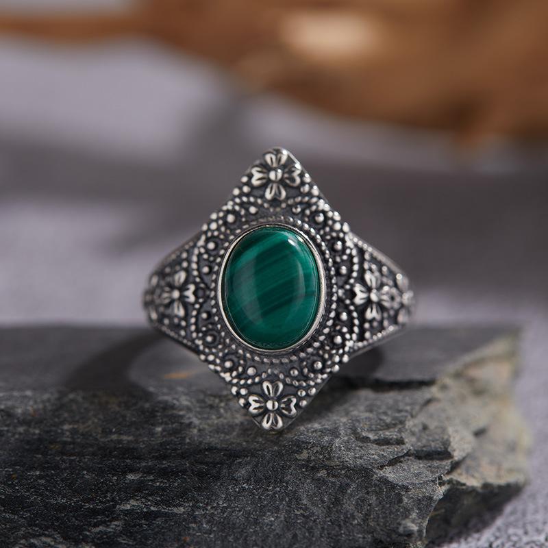 Vintage S925 Sterling Silver Inlaid With Natural Malachite Blue Gold Green Chalcedony Thai Silver Ring Women'S Court Open Ring