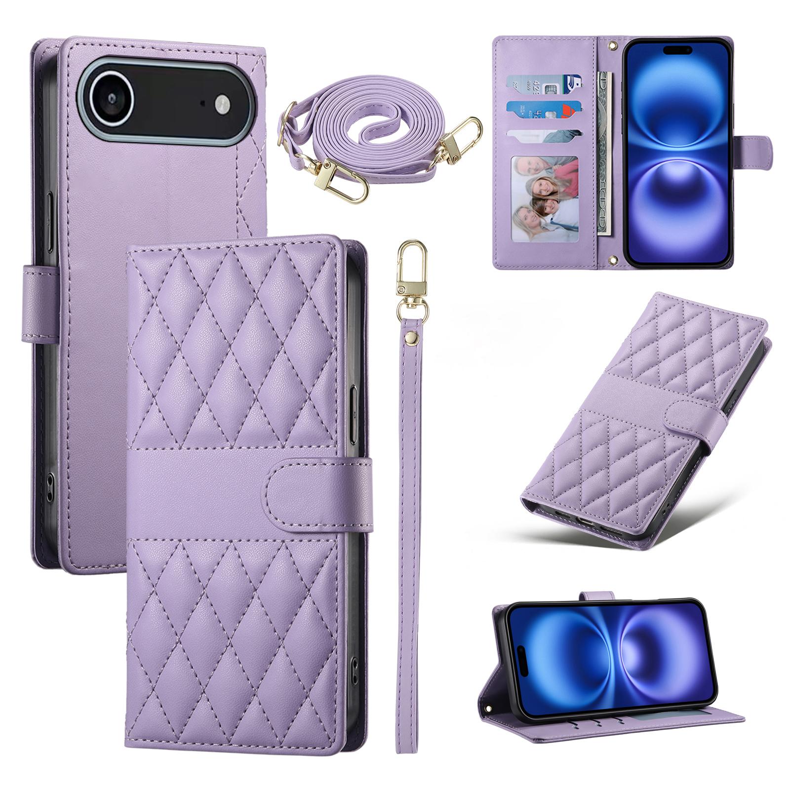 

For iPhone 17 Air Case Rhombus Stitching Wallet Stand Leather Phone Cover with Long/Short Strap Purple