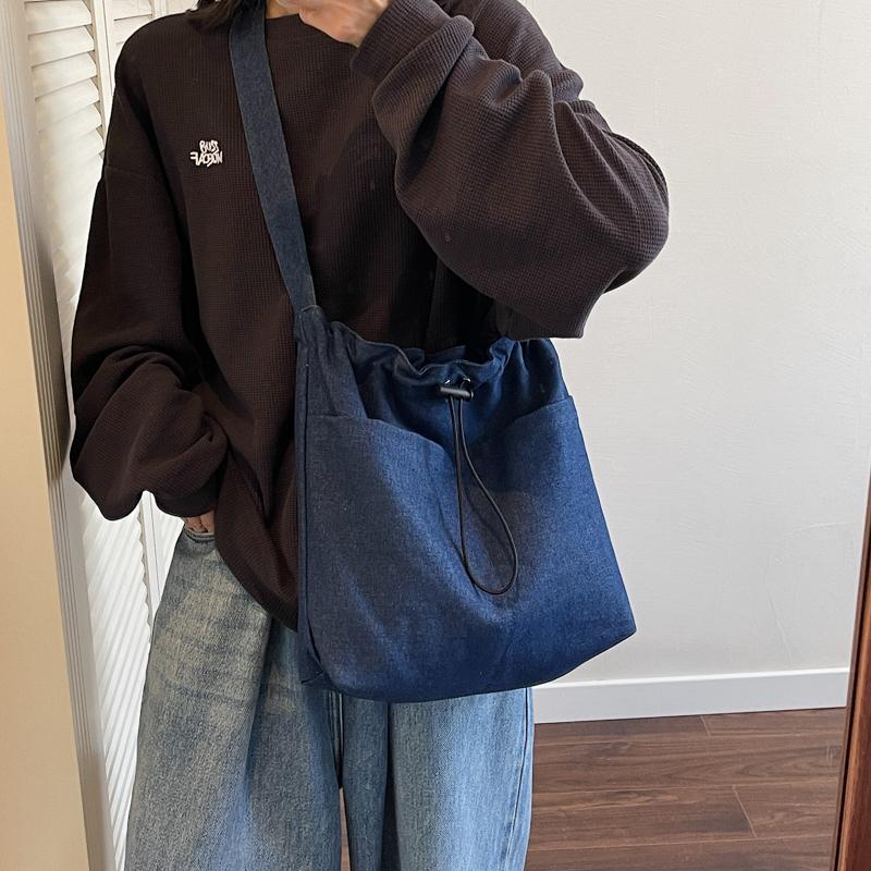Large Capacity Drawstring Bucket Bag Women's Denim Crossbody Bag Commuter Shoulder Bag