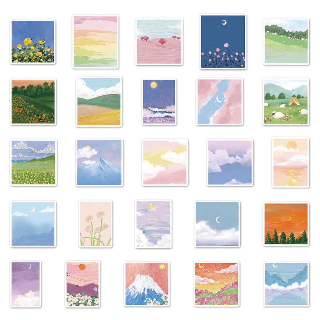 50 Scenery Oil Painting Graffiti Stickers for Children's DIY Diary, Skateboard, Phone Case, and Suitcase.