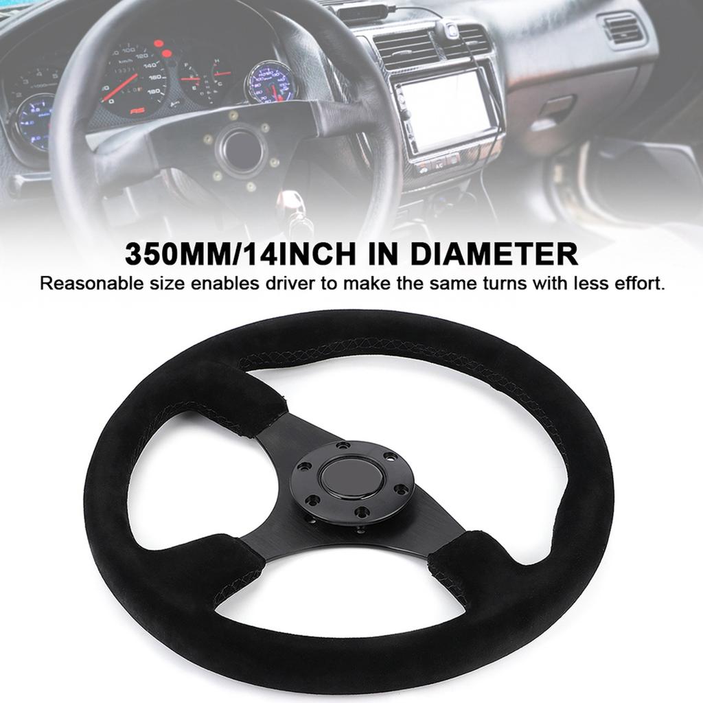 14in 350mm for Style 6‑Bolt Black Suede Racing Steering Wheel Black Stitching with Horn Button