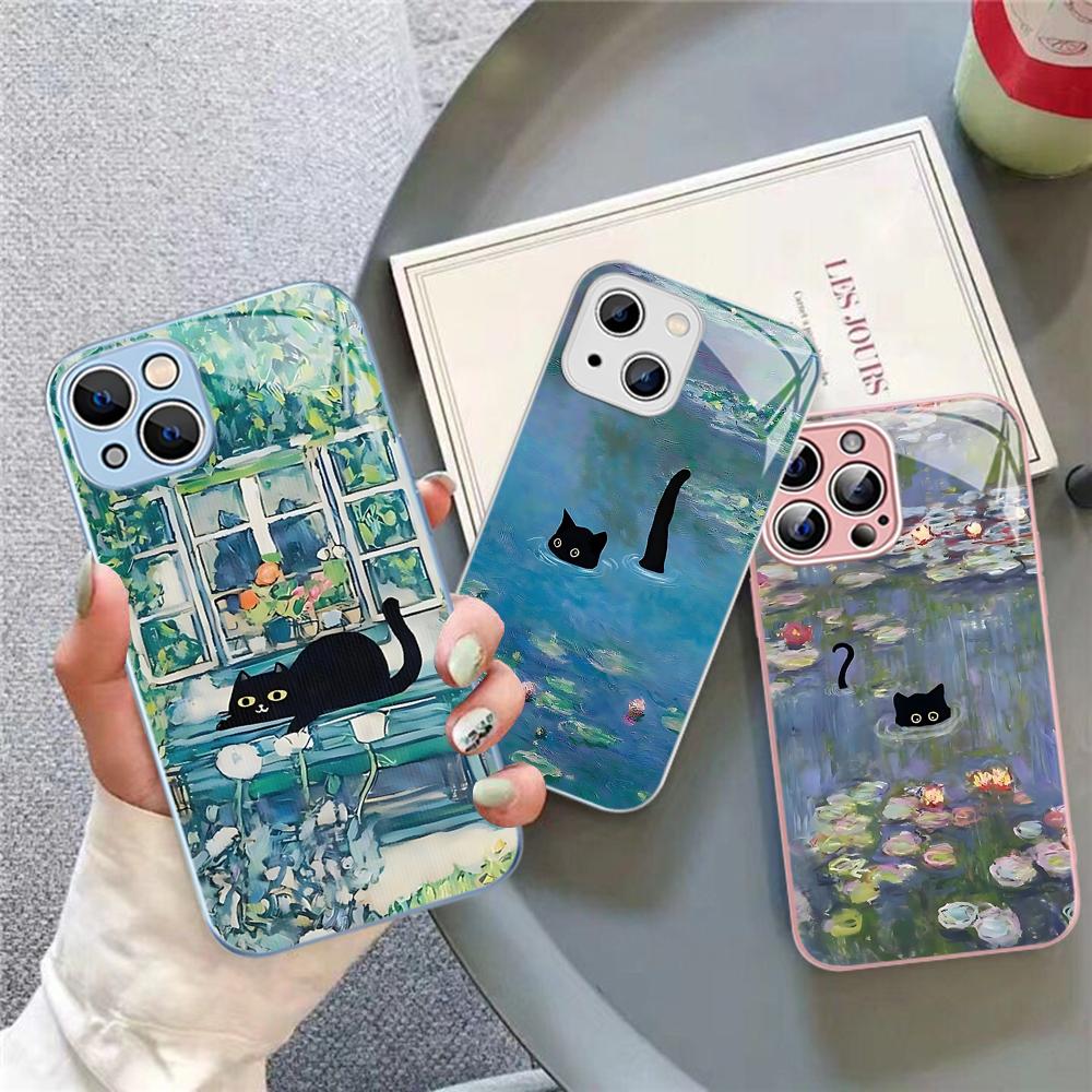 Cartoon Animal Black Cat Oil Painting Phone Case Tempered Glass For Iphone 14 13 12 11 Pro Mini XS MAX 14Plus X XS XR Fundas