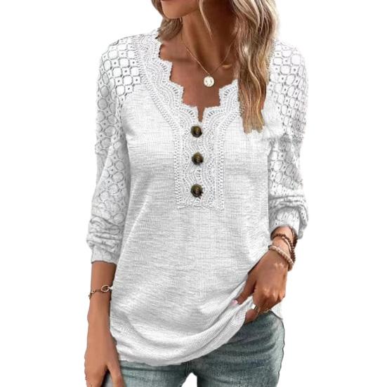 Women Spring Fall Top Hollow Out Lace Button Decor V Neck