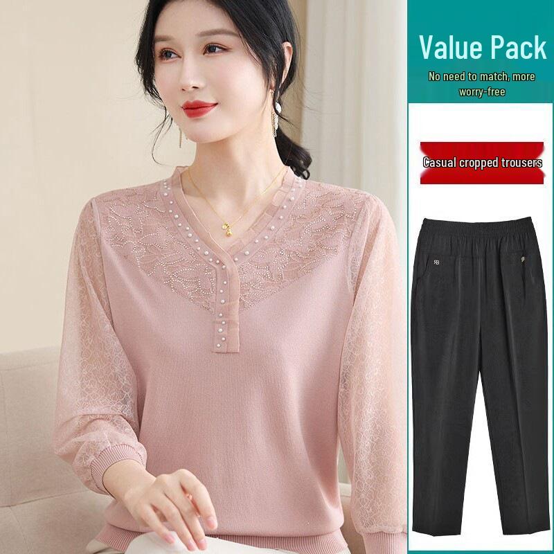 2026 Spring Collection: Stylish Ice Silk Blouse & Gauze Sleeve Knit Top for Moms, Perfect for Middle-Aged and Elderly Women In Spring and Autumn.