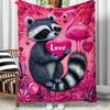 Cute Raccoon Holding Love Heart with Flamingo Pink Floral Design Soft Flannel Blanket Cozy Bedroom Decor Valentine Gift for Kids