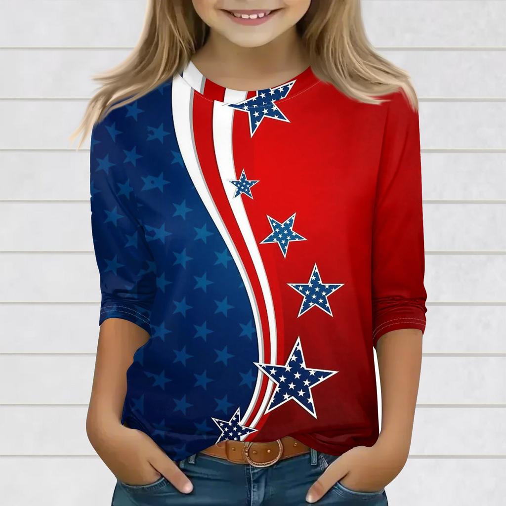 Print Tops For Youth Girls 3-10 Years Round Neck 3/4 Sleeves T-Shirts Trendy Tops Outfit Tees