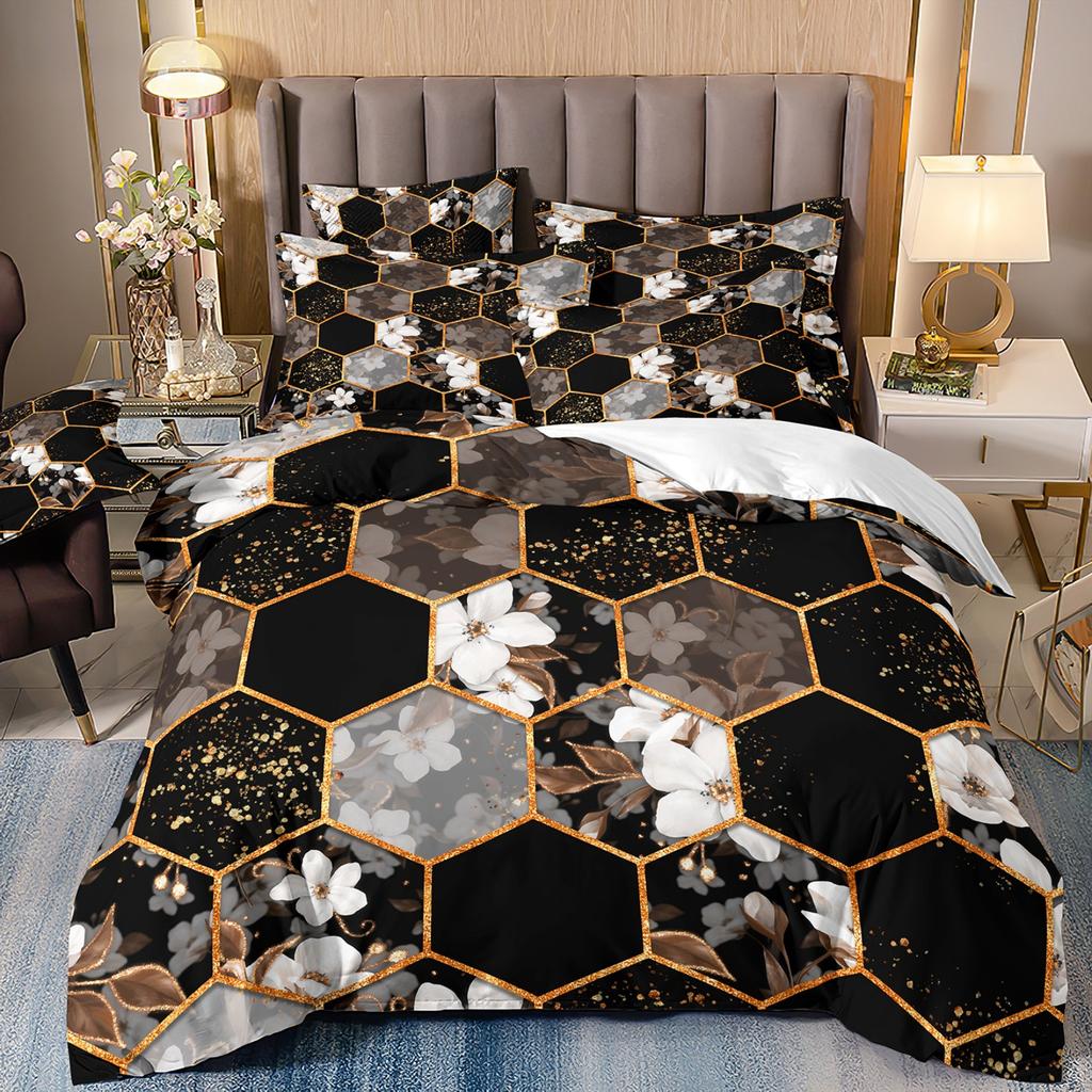 3D Digital Printing Light Luxury Geometric Honeycomb Stone Pattern Bedding Quilt Cover Three-Piece Set