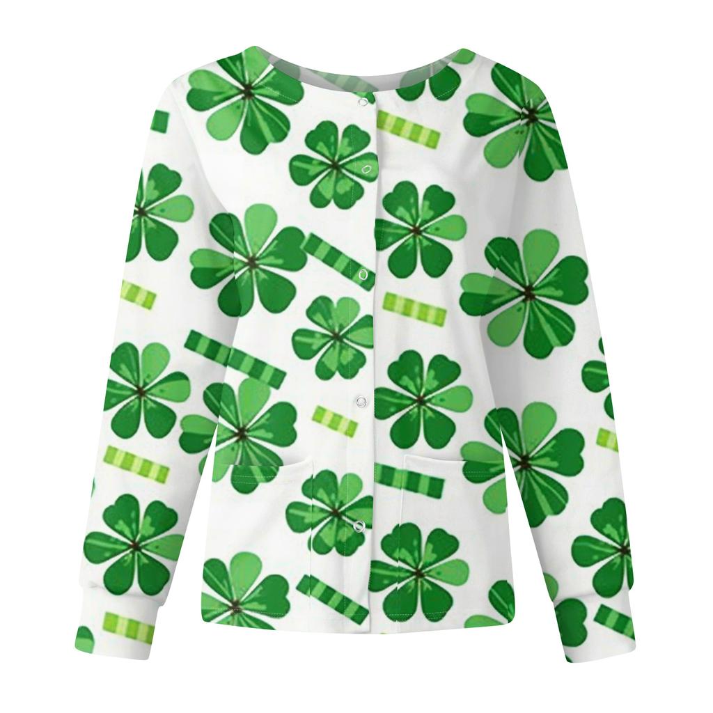 Women's Casual Fashion Long Sleeve Standing Collar Single Breasted St. Patrick's Day Print Workwear Jacket Tops
