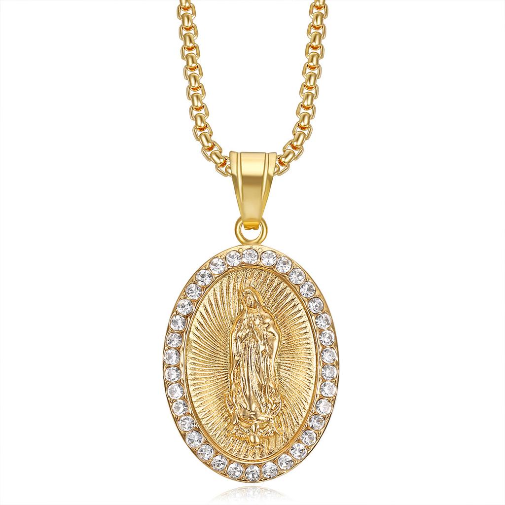 Jungfrau Maria Gebet Anhänger Halsketten Goldfarbe 316L Edelstahl mit Strasssteinen Schmuck für Damen/Herren