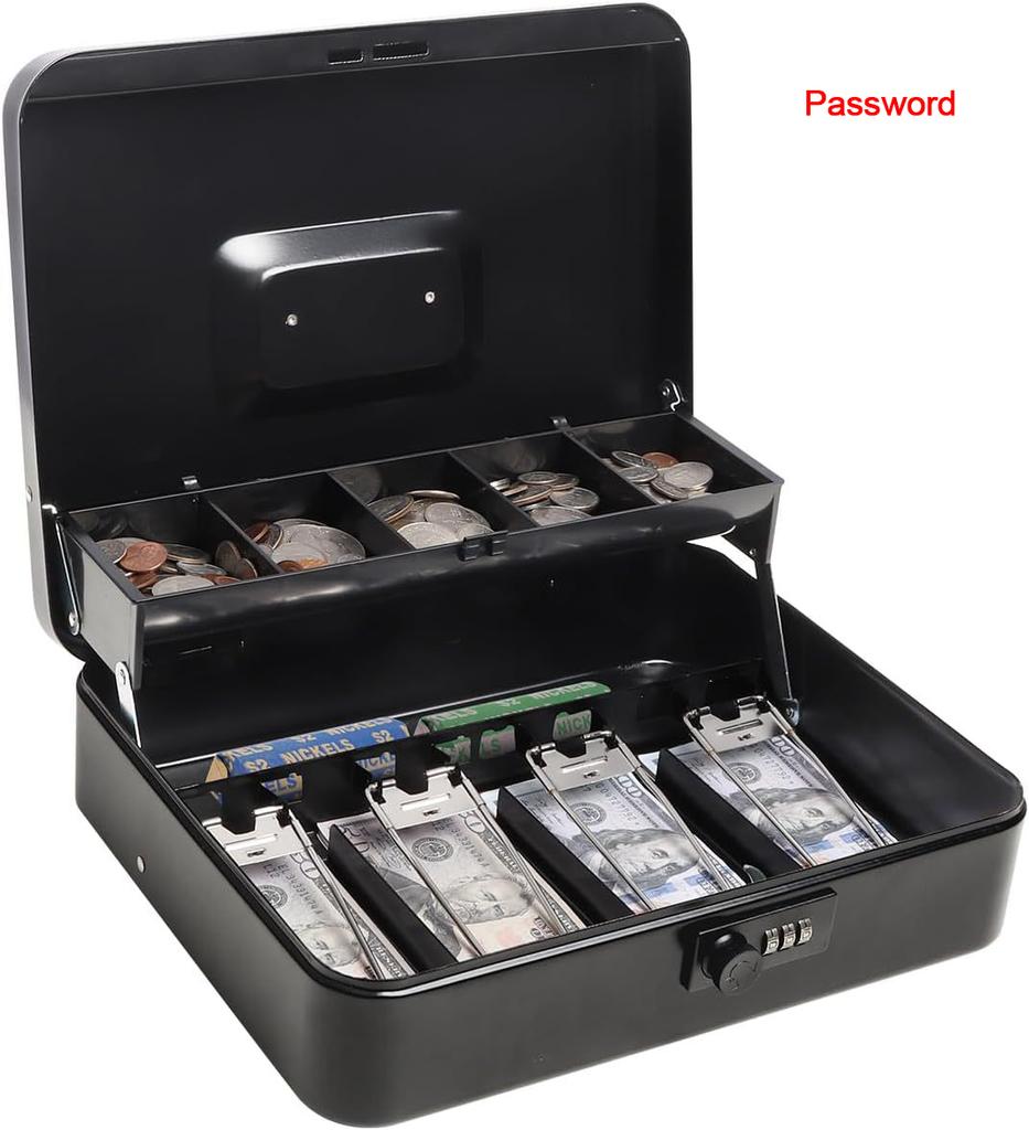 Money Box For Cash Saving Locking Cash Box With Money Tray Metal Money Saving Organizer 4 Bill/5 Coin Slots Cash Register Drawer