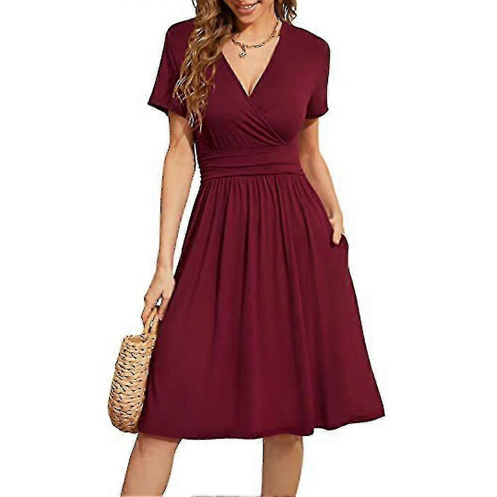Casual Women's Summer Dress With Pockets V-neck Short Sleeve Midi Dress