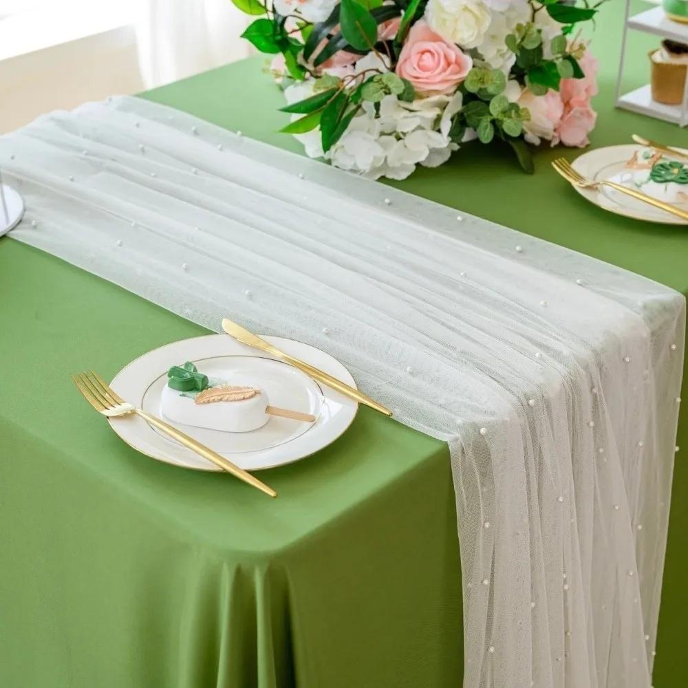 0.75*3M Table Flag Semi Transparent Pearl Tulle Table Runner Gauze Mesh Sheer Drapes Wedding Arch Drapes Wedding Party