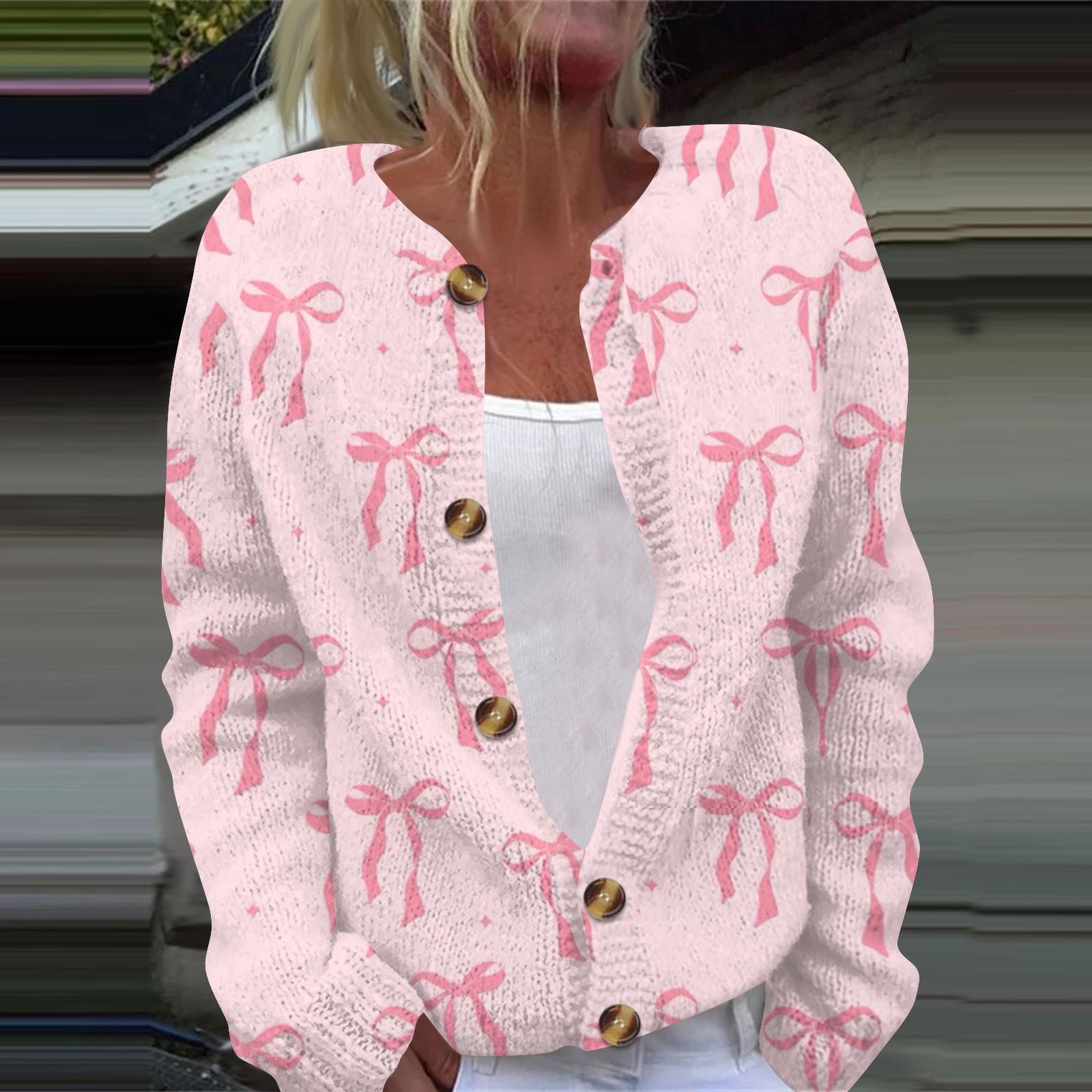 

Women s Fashion Bow Print Long Sleeve Knitted Cardigan Button Down Jacket S светло-розовый