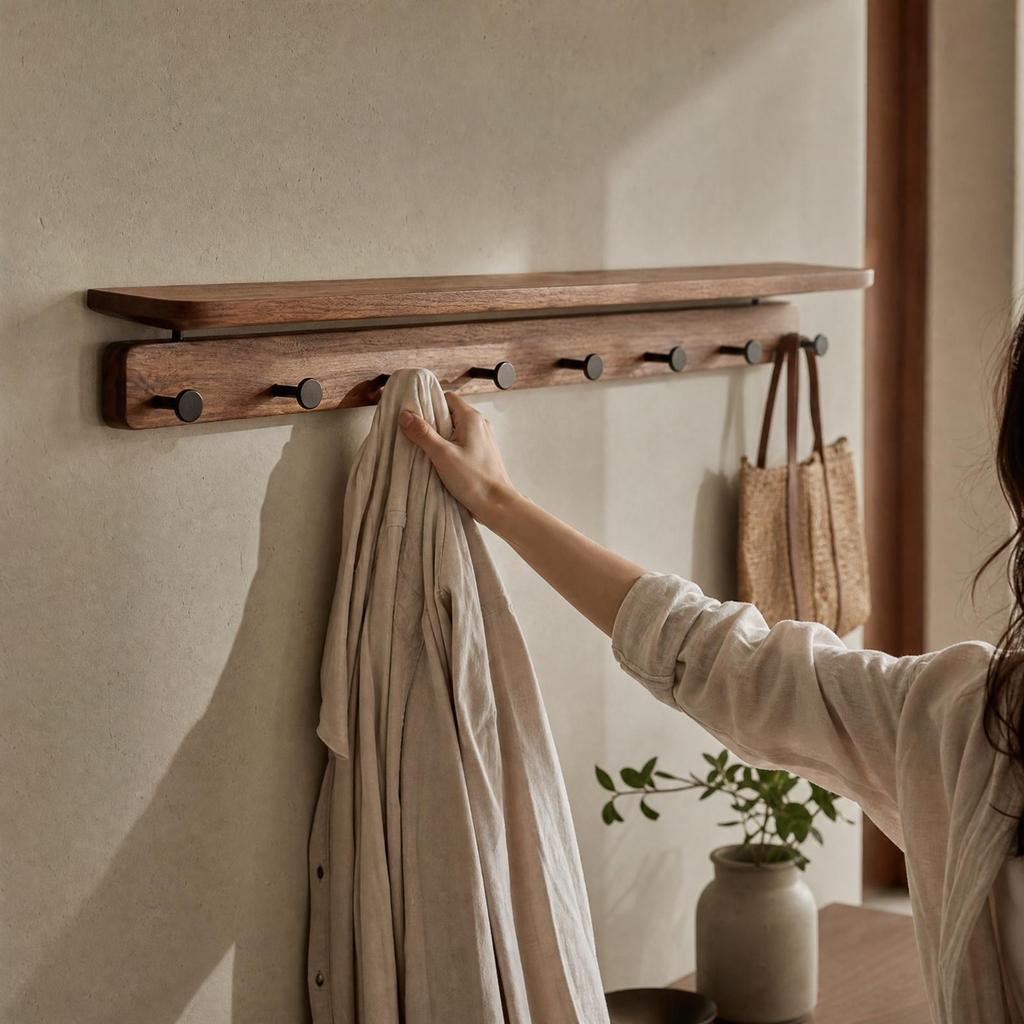 Black Walnut Wall-Mounted Coat Rack Natural Finish for Hallway, Small Apartments
