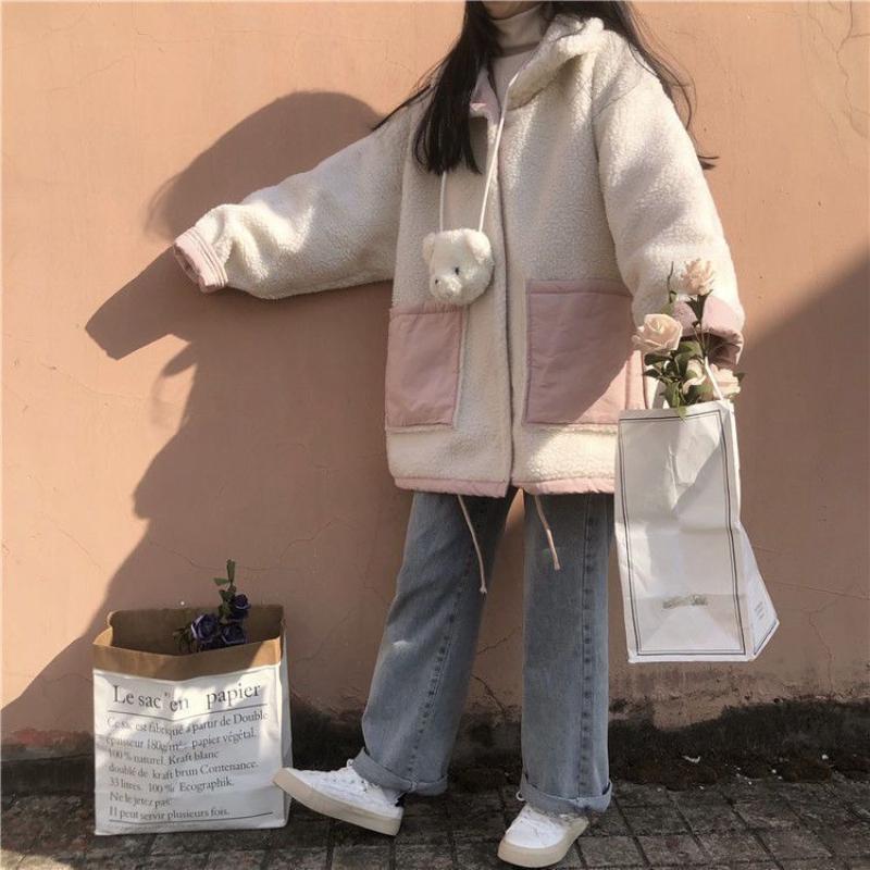 Winter Korean Sweet Warm Lamb Wool Coat Women Chic Cute Two Sided Wear Patchwork Thick Clothes College Style Casual Fashion Outerwear