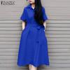 ZANZEA Women Casual Turn Down Collar Loose Short Sleeve Shirt Dress
