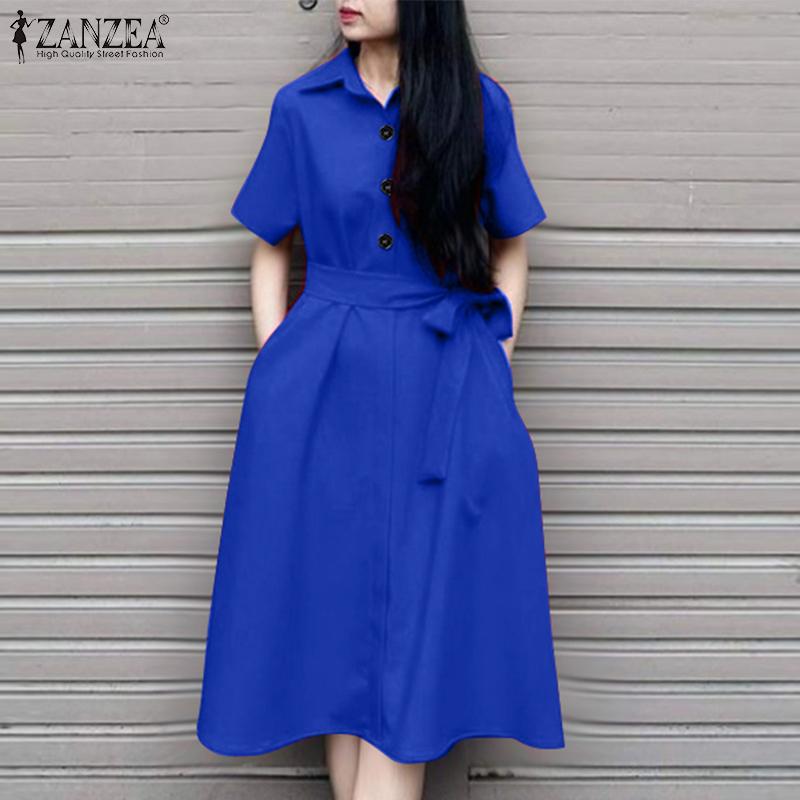 ZANZEA Women Casual Turn Down Collar Loose Short Sleeve Shirt Dress