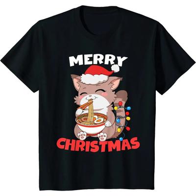 Vrolijk Kerstfeest Anime Kawaii Kat Ramen Kerstlichtjes T-shirt