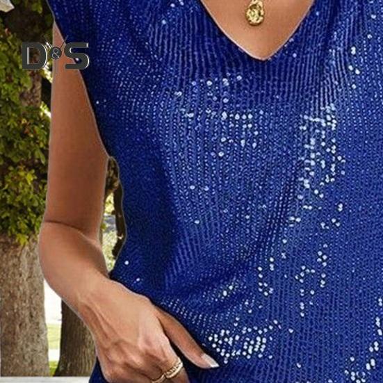 Women Vest Sparkling Sequin Tank Top V Neck Short Sleeve Elastic Party Tops Summer Loose Fit Vest Daily Wear