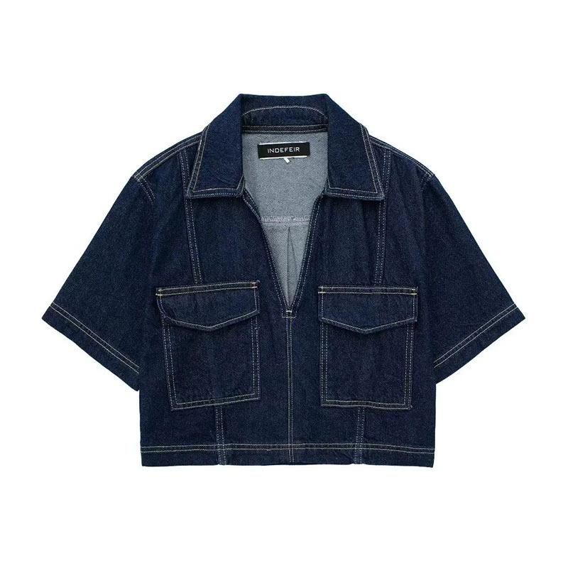 Frühlings- und Sommer Damen Jeansjacke Jacke Retro Damen Lässig Taschen Jeanshemd